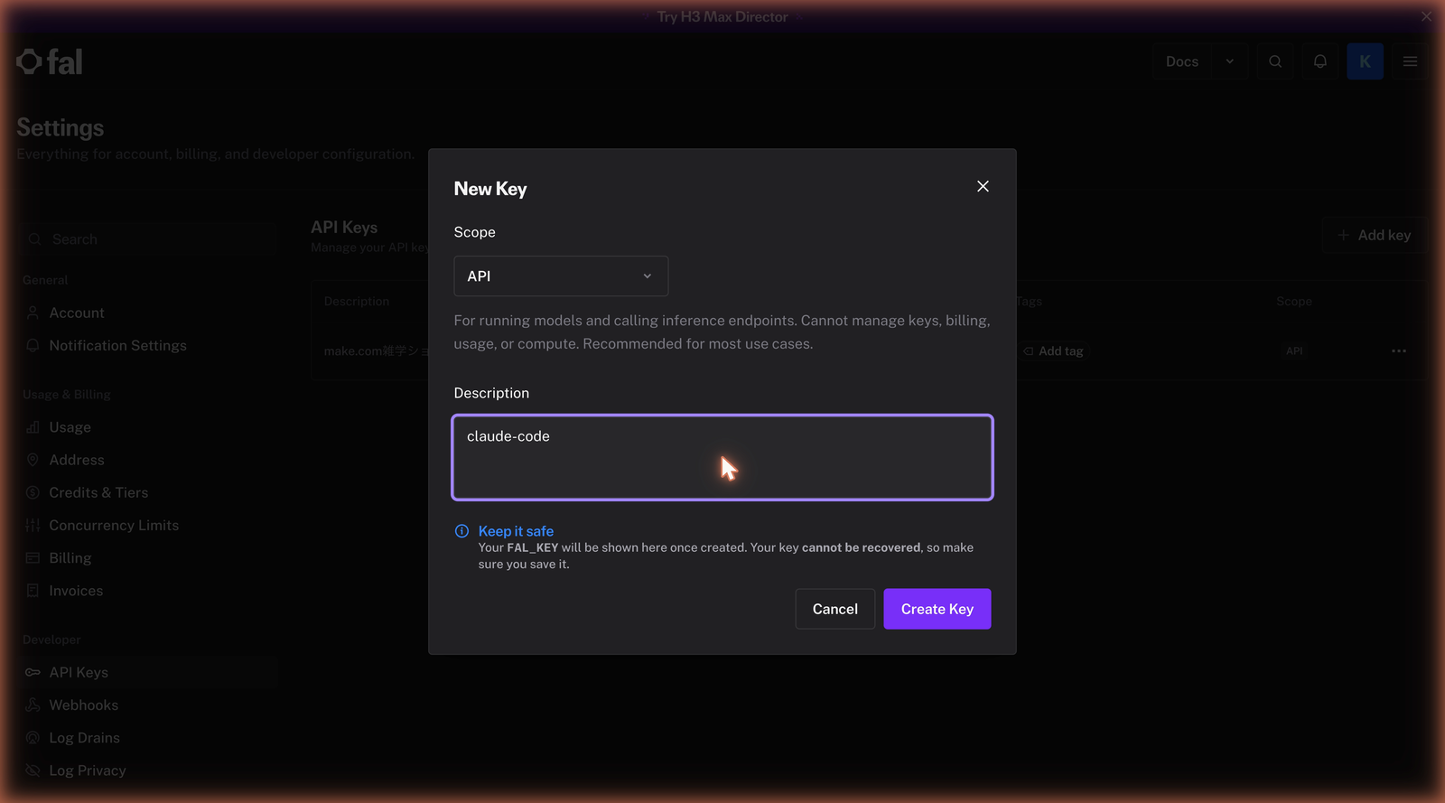 Add Keyのダイアログ。名前の入力欄と、ScopeでAPIとADMINを選ぶ項目がある実際の画面