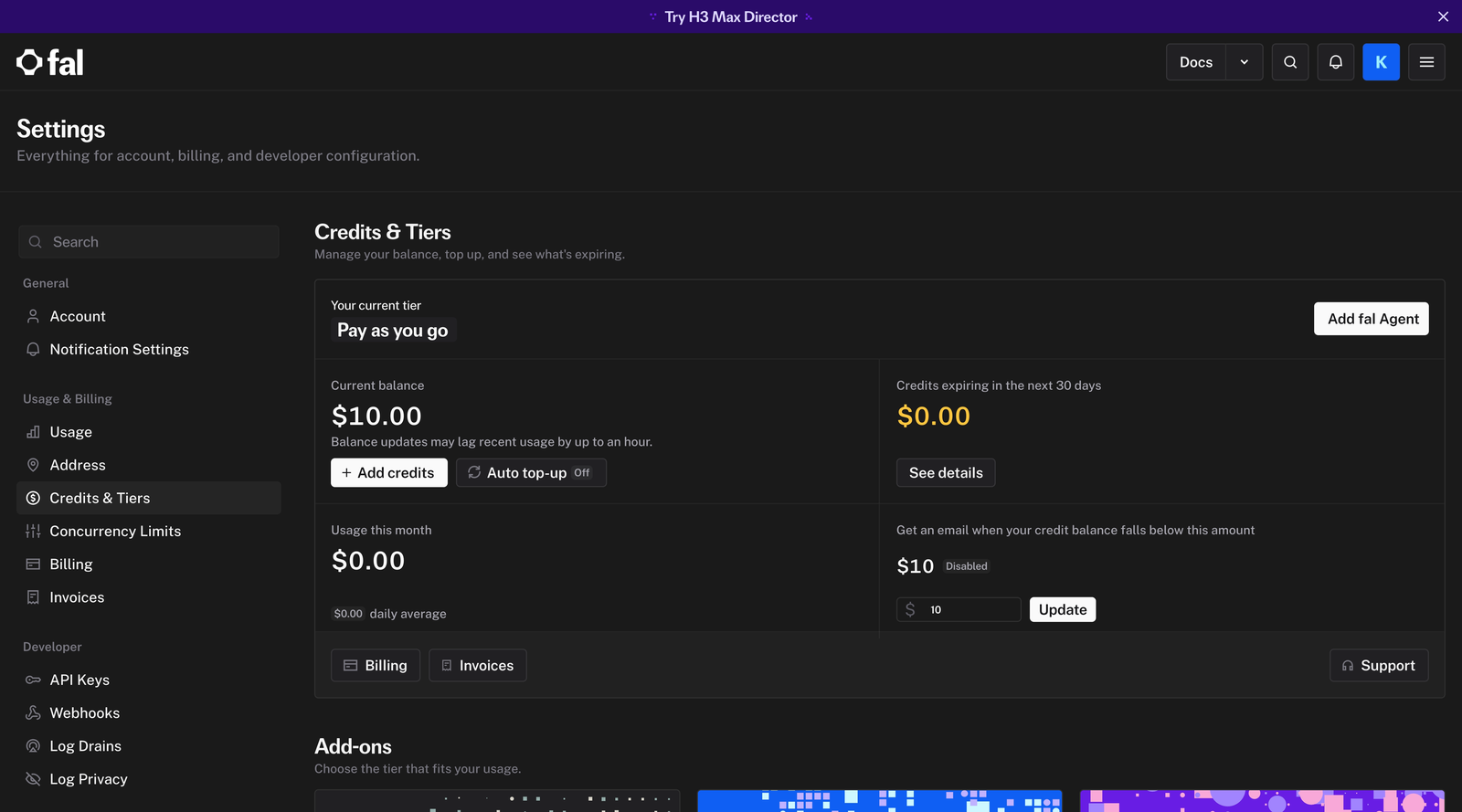 チャージ後のCredits & Tiersの画面。残高が10ドルと表示されている実際の画面