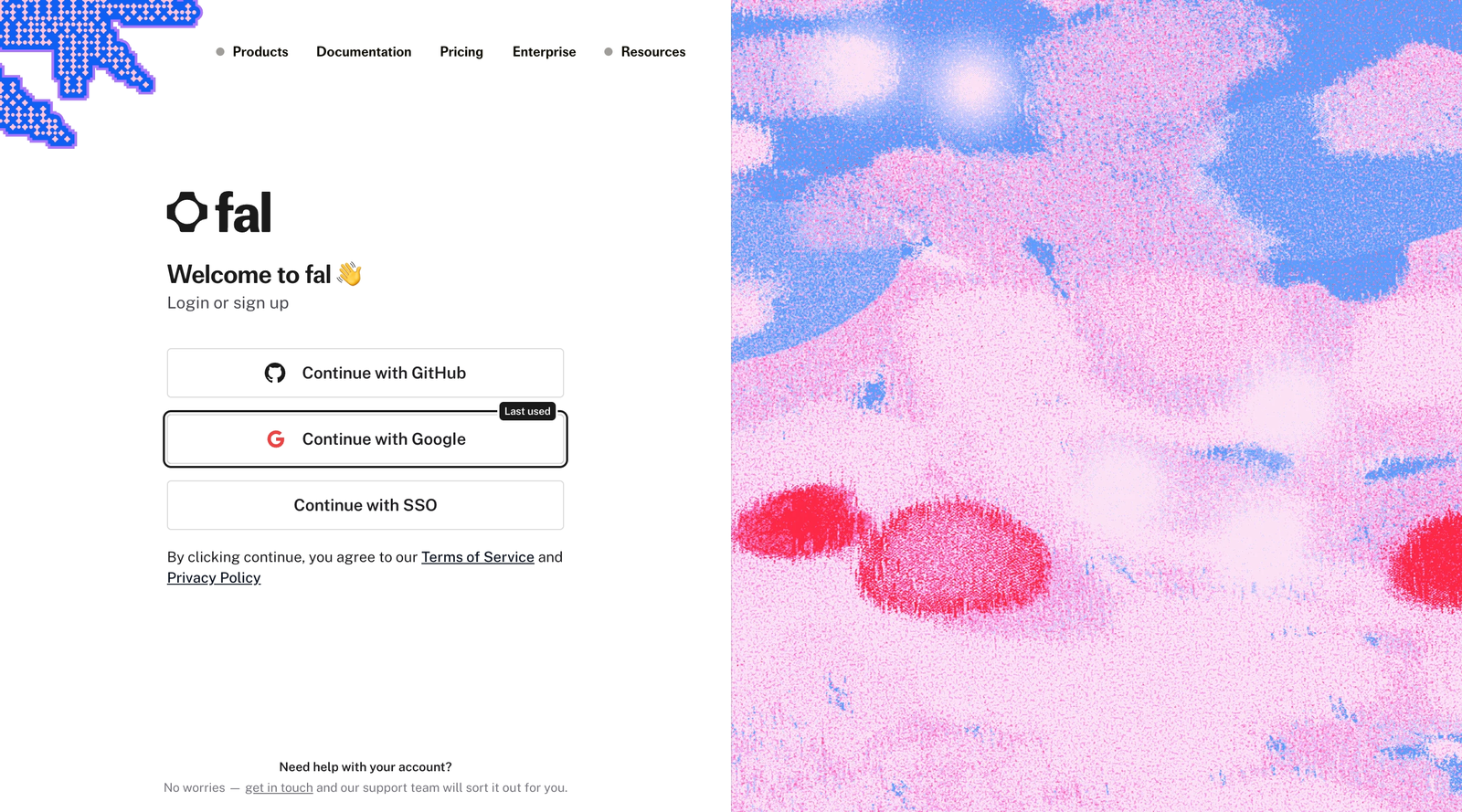falのログイン画面。GoogleとGitHubで続けるボタンが並び、メールアドレスの入力欄は無い実際の画面