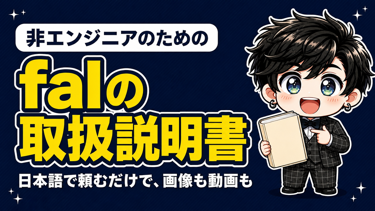 紺色の背景に「非エンジニアのための」「falの取扱説明書」「日本語で頼むだけで、画像も動画も」の3行の文字と、右側に本を持った著者のキャラクターが描かれたサムネイル